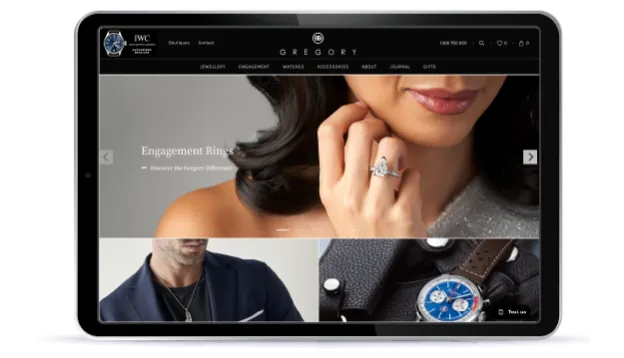 WordPress site mockup with hero images of people modeling fine jewelry