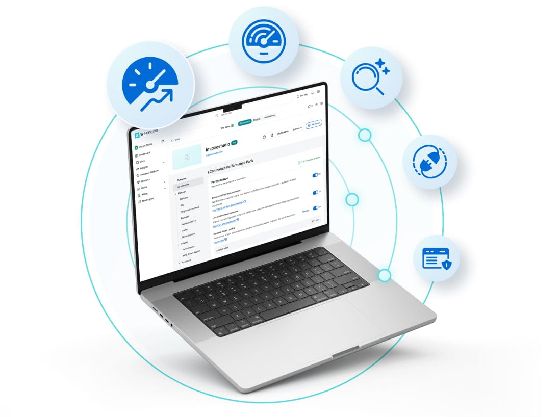 Laptop displaying the WP Engine dashboard surrounded by icons that depict different ecommerce tools