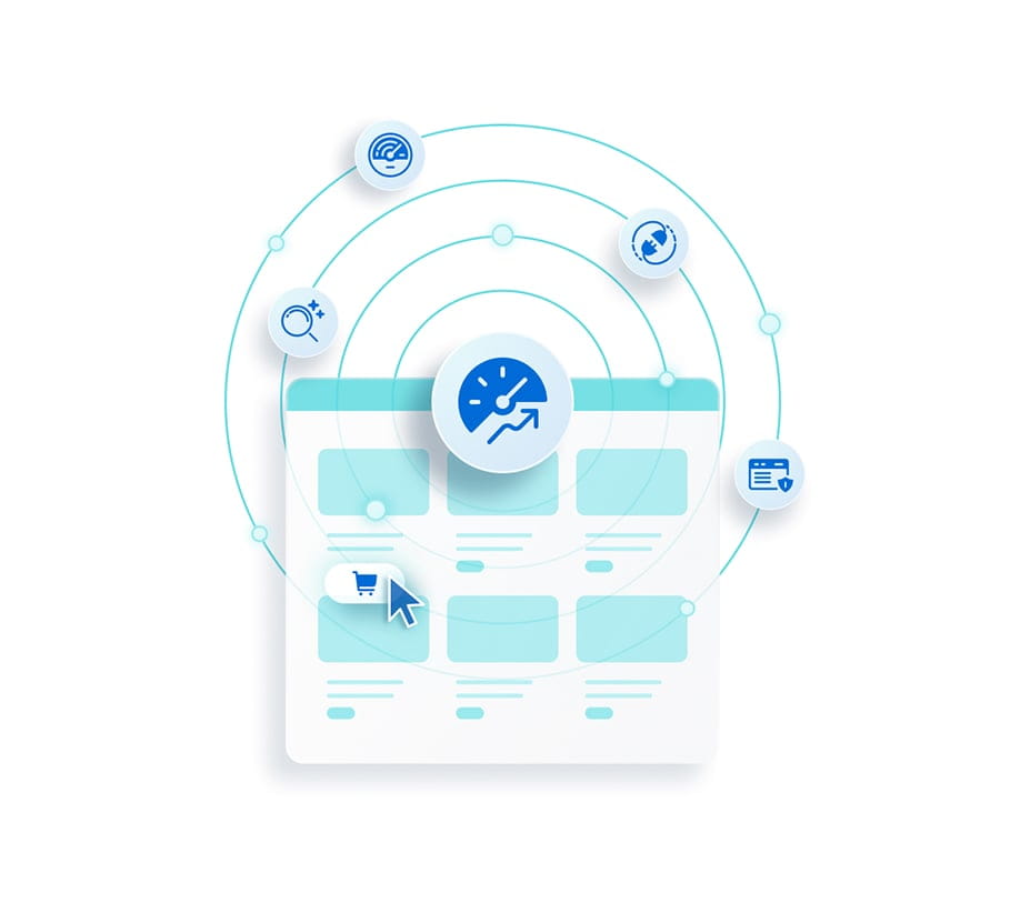 Abstract illustration of a website interface with icons representing speed, performance, and eCommerce features, symbolizing optimized online store performance.