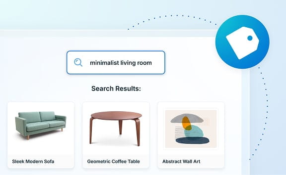 Graphic depicting a shop smart search with the WP Engine eCommerce solution icon