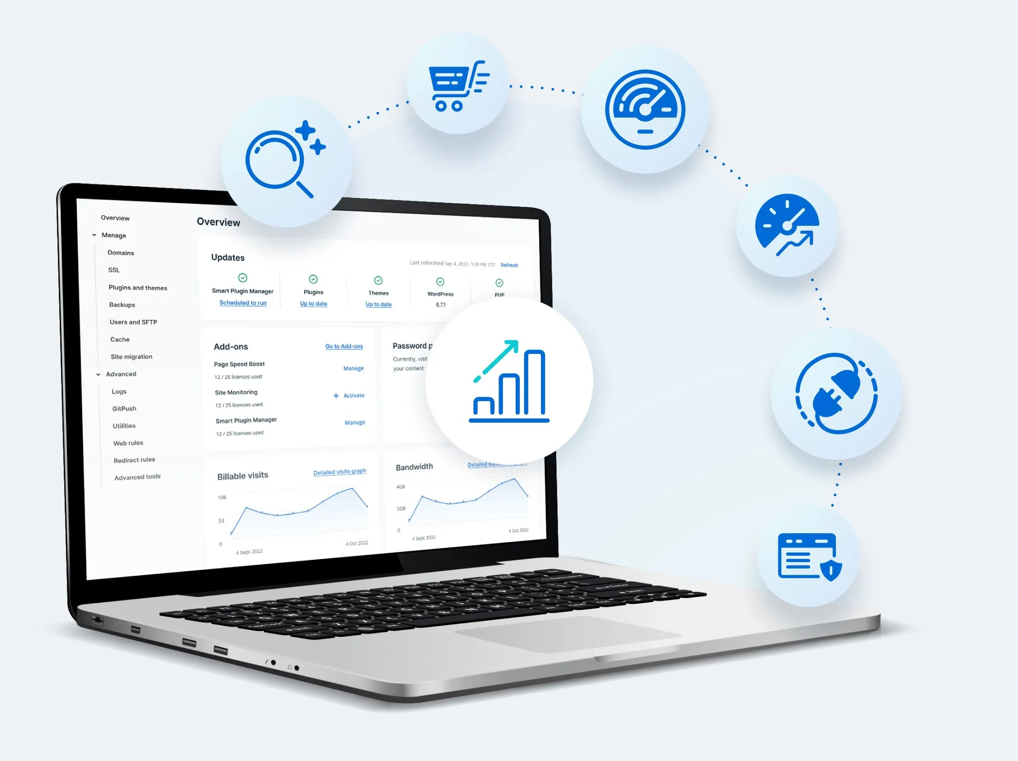 Laptop showing WP Engine's portal dashboard surrounded by icons representing different products and tools
