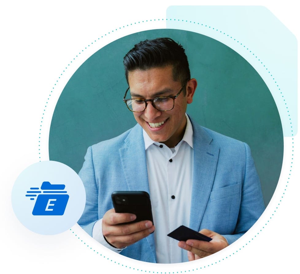 Man on phone delighted at the speed of his online store