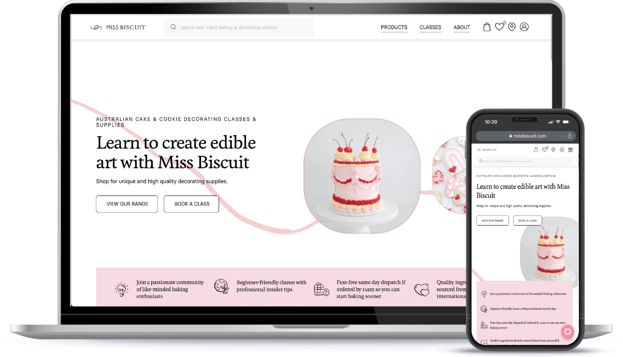 Miss Biscuit website for edible art classes, a WP Engine WooCommerce customer