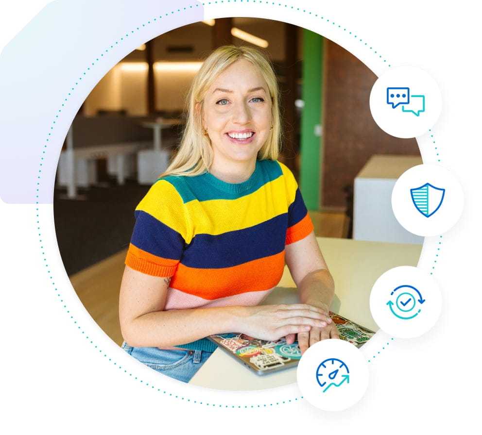 Graphic with smiling woman in a colorful shirt at her laptop. Around her are icons depicting chat, support, managed updates and performance