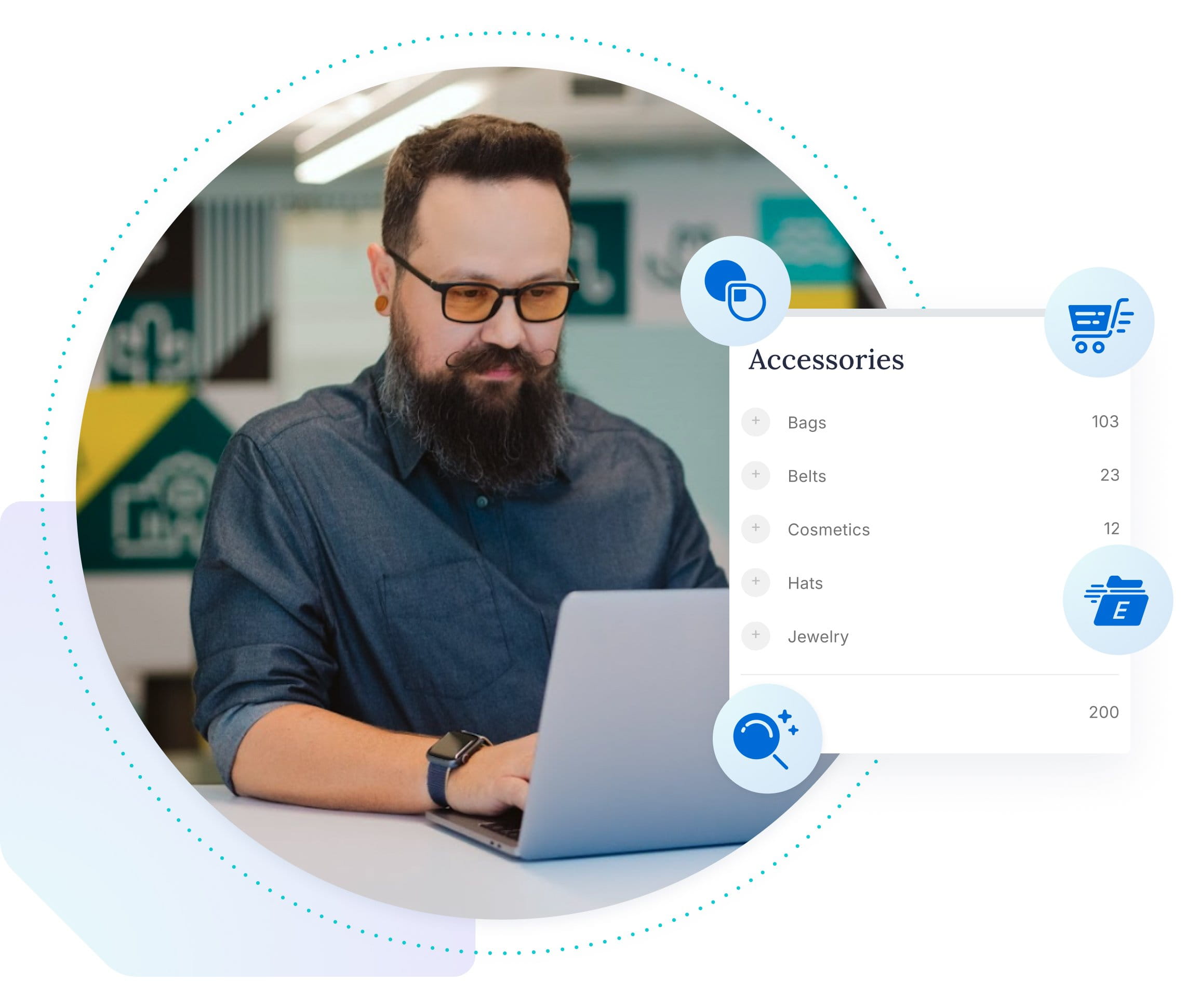 Man with glasses working on a laptop with a snippet of a UI depiction of shopping tags and icons.