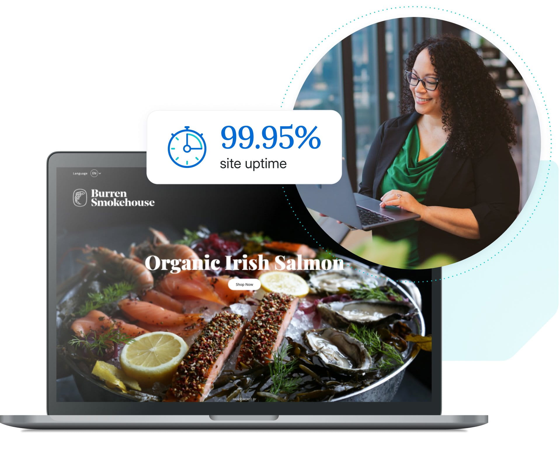 Graphic of a woman smiling in a circle overlaid on a mockup of a website with a popup reading "99.95% uptime"