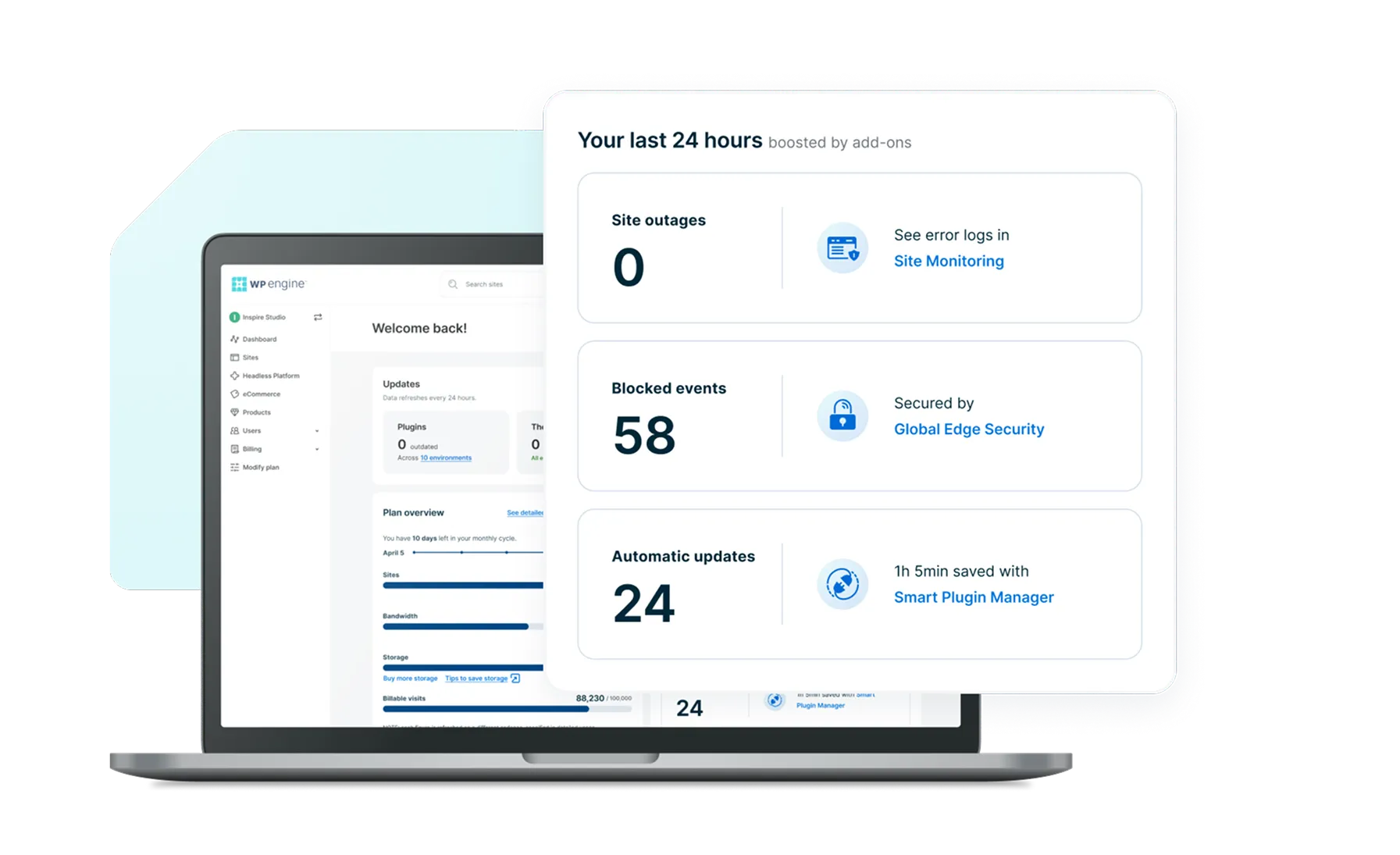Graphic depicting the WP Engine dashboard with the focus on the alerts panel