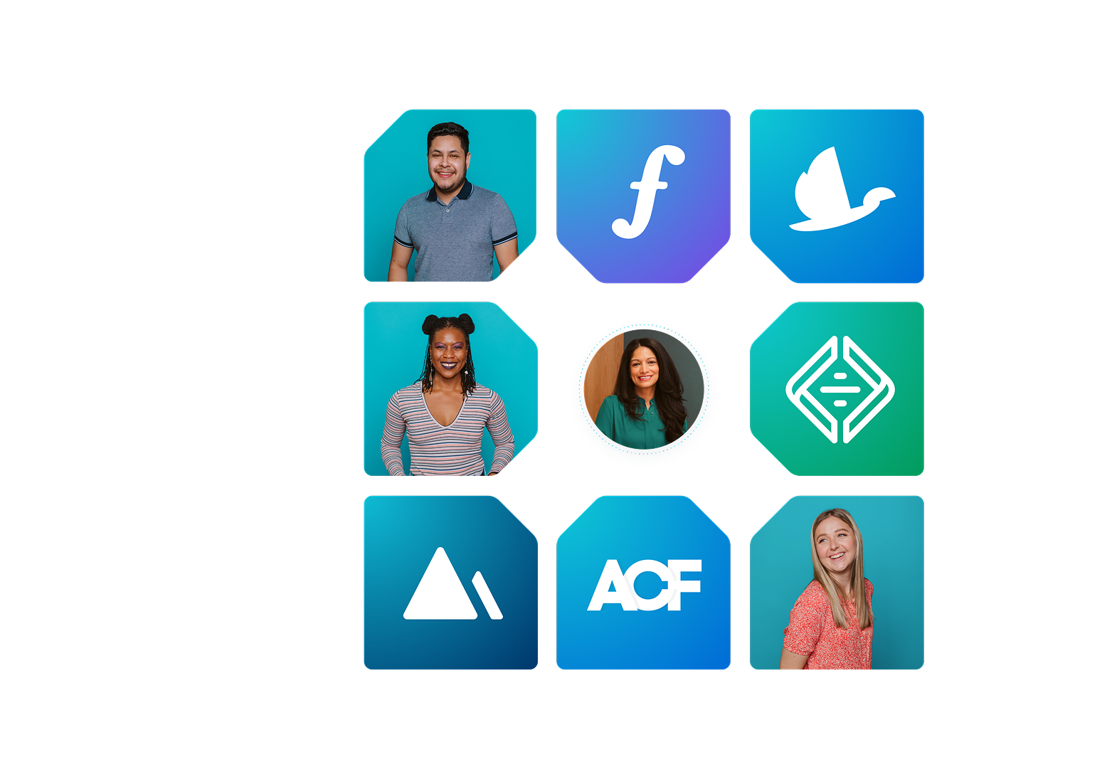 employees smiling in the shape of the WP Engine cog logomark with various brand logos