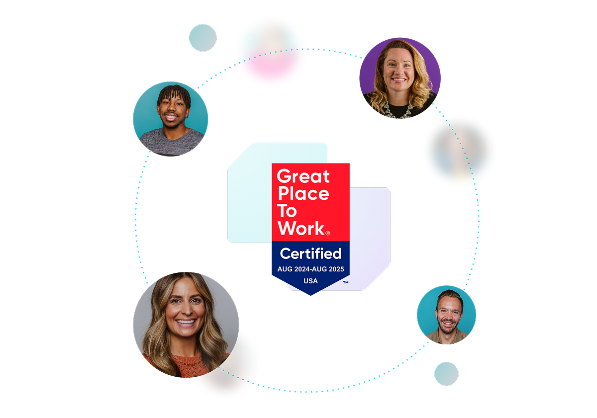 Great Place to Work logo with employee photos surrounding it
