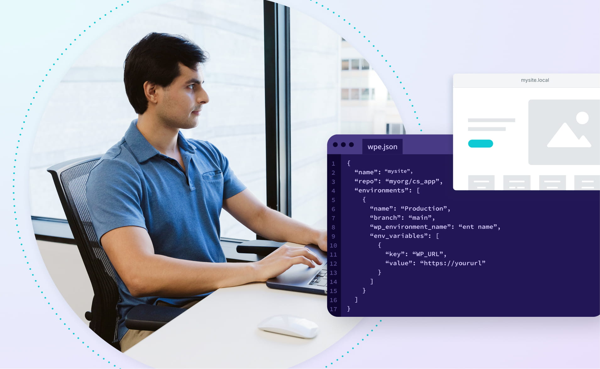 Developer working at a desktop computer looking at monitor with illustrated screens of code and front-end overlaying