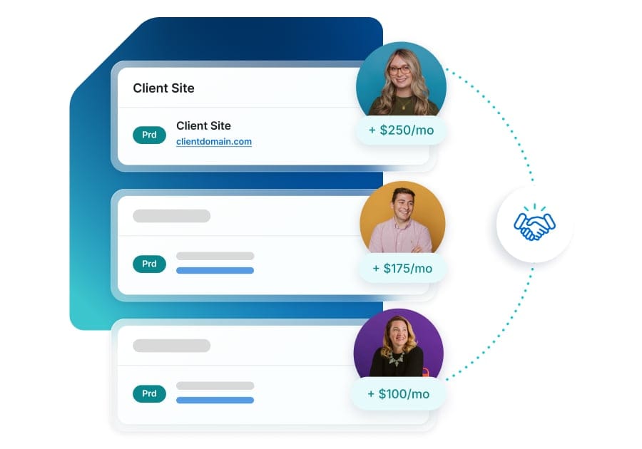 WP Engine site dashboard elements show headshots of the client and the amount of revenue