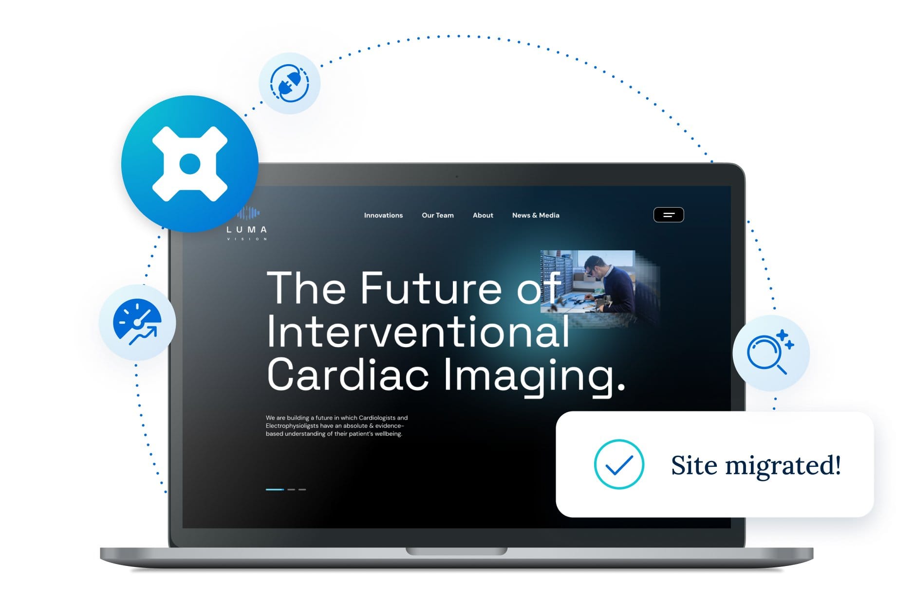 A laptop containing a screenshot of the LUMA Vision website surrounded by various WP Engine product and tool logos and icons