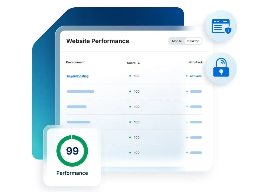WP Engine dashboard UI elements show site monitoring and performance scores